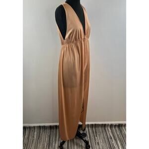 VTG Formfit Rogers Tan Satin Plunge Neck Slit Front Sleeveless Open Back Dress L